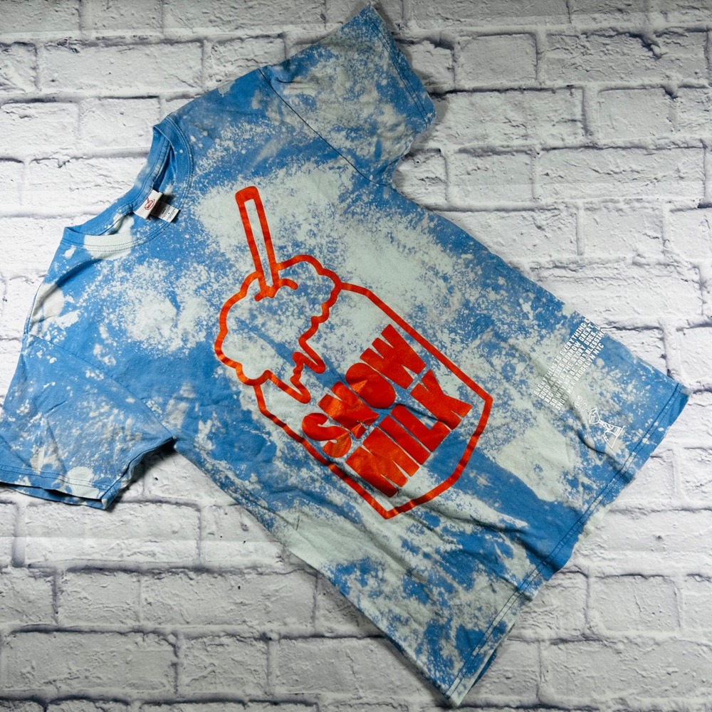Snow Milk Brooklyn NYC Upcycled Bleach Dye T-Shirt Blue Orange Women's Small